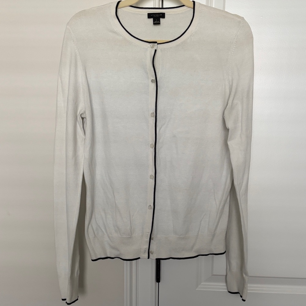 Ann Taylor Factory White Button Down Cardigan with Black Trim